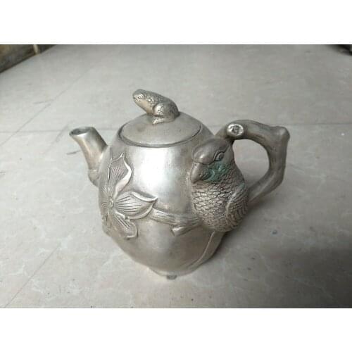 Antique QingDynasty silver Parrot & frog teapot,Hand-carved crafts,best collection& adornment