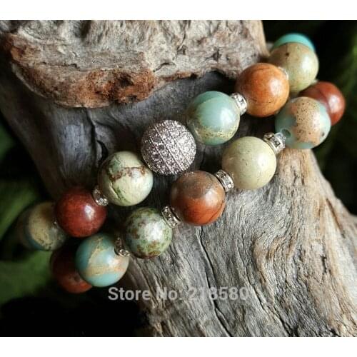 African Opal Beaded Stretch Bracelet Seidiment Jaspers Beads Silve CZ Pave Ball Bracelet Set of 2 BM21569