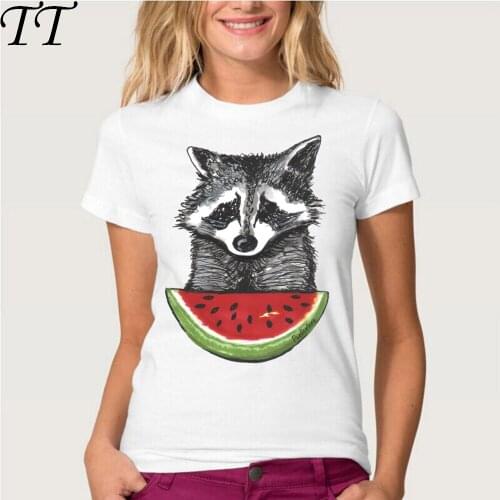 2017 new summer fashion womens short sleeeve Racoon and watermelon print T-shirt cute cartoon design top shirt hipster girl Tee