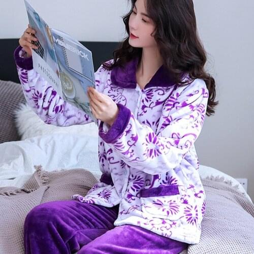 H5807 Middle-aged Women Pajamas Autumn Winter Flannel Loose Mother Thickened Sleepwear Suit Coral Fleece Plus Velvet Homewear