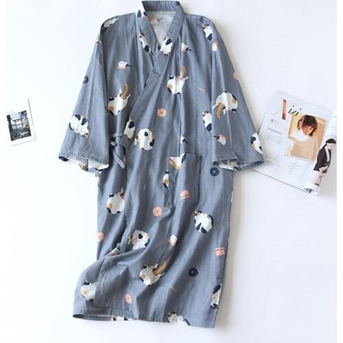 Japanese Women Kimono Bathrobe Robe Gown Light Blue Casual Sleepwear Nightwear Vintage Home Wear Cotton Ladies Spa Robes Dress