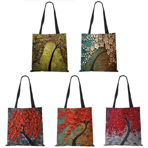 Customized Cherry Blossom Oil Paint Tote Bag For Women Lady Elegant Handbags Reusable Linen Shopping Bags Double Side Print