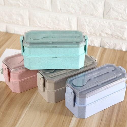 Lunch Box With Scoop And Fork Packing Case Double Layer Tray Wheat Straw Student Lunch Tableware Bento Box Kitchen Crisper 1 set