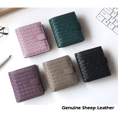 100% Genuine Sheep Leather wallet Luxury Brand sheepkin Leather Woven Coin Zipper Storage Bag Multi card bil fold wallet purse