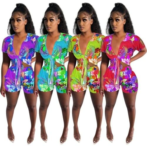 Fashion Printed Playsuits Short Sleeve Cardigan Lapel Casual Holiday Style Party Streetwear One Piece Shorts Romper Women Summer