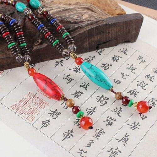Unisex handmade necklace Nepalese Buddhist Mara wooden beads imitation turquoise pendant and mens womensvintage jewelry
