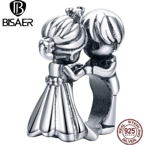 BISAER Love each other Beads 925 Sterling Silver Wedding Engagement Charms Pendant Fit Bracelet Necklace Jewelry Gift ECC1565