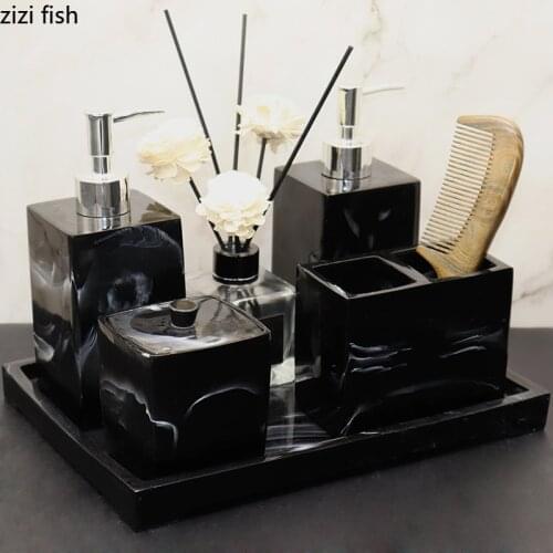 Bath Tools Black Marble Texture Bathroom Accessories Set Resin Bath Supplies Portable Soap Dispenser Mouthwash Cup Storage Trays