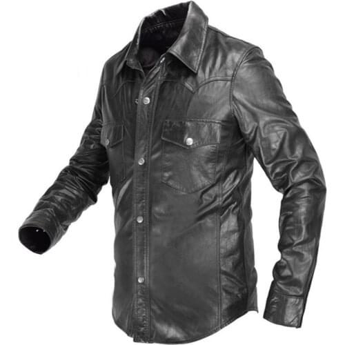 2020 Black Men Slim Fit Leather Shirt Single Breasted Plus Size XXXL Genuine Thin Sheepskin Spring Natural Skirt FREE SHIPPIG