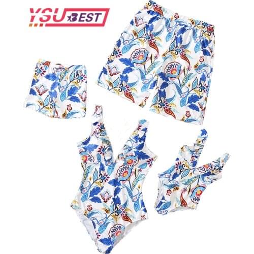 Family Matching Swimsuits Floral Printed Mom And Me Swimwear Women Girl Bathing Suits Men Boy Trunks Couples Holiday Beachwear