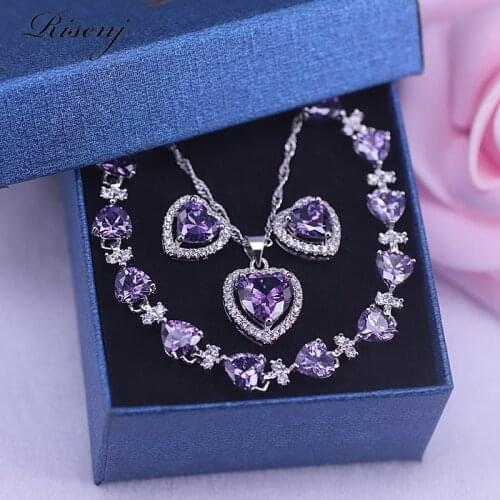 Heart Purple Zircon White Crystal Silver 925 Jewelry Earrings Necklace Bracelet Set Romantic Present For Women
