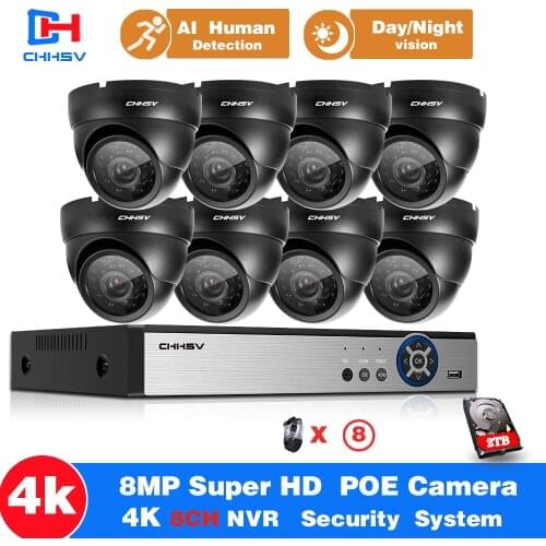 CHHSV 8CH 4K HD POE NVR Kit CCTV Security System 8MP IR IP66 Waterproof Outdoor IP Camera Plug&paly Video Surveillance Set