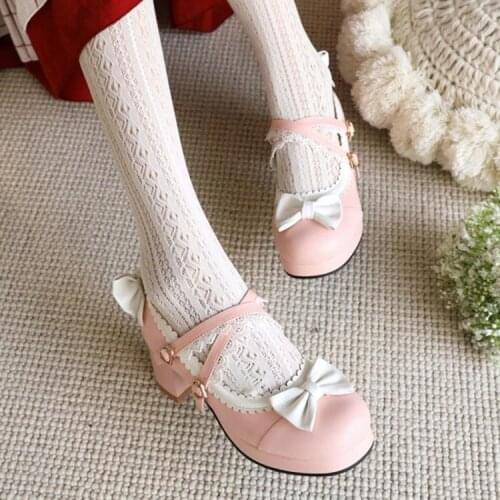 Girls High Heels 2021 Ladies Heels Platform Cute Bow Lace Princess Mary Jane Lolita Shoes Party High Heel Buckle Women Pumps Pi