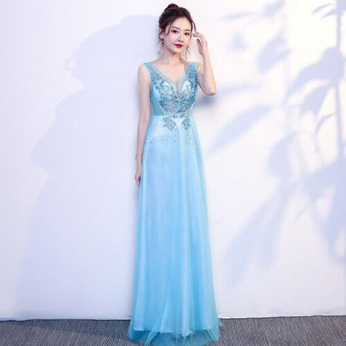 Evening Dress Elegant V-Neck Sequins Appliques Sleeveles A-Line Floor-length Tulle Plus size Women Formal Party Dresses C1334