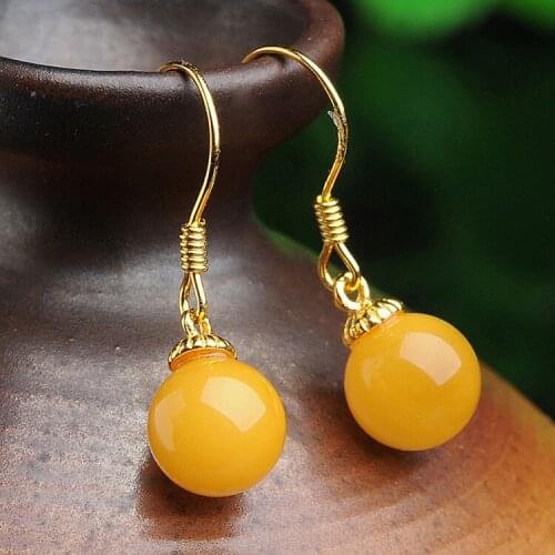 Natural 925 silver round beads amber earrings for women chic stud earring lady fashion baltic amber jewelry earrings