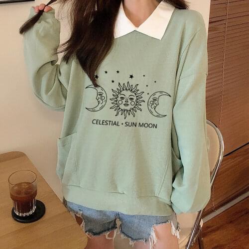 Sun and Moon Star Sweatshirt Turn-down Collar Gothic Womens Long Sleeve Vintage Casual Loose Pocket Pullover Female Clothes