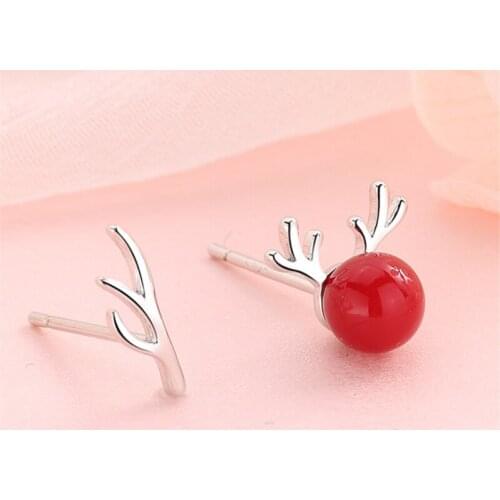 Free Shipping Asymmetric Red Crystal Elk Buck horn Stud Earrings Cute Mini Small Christmas Minimalist Earrings Solid Sliver