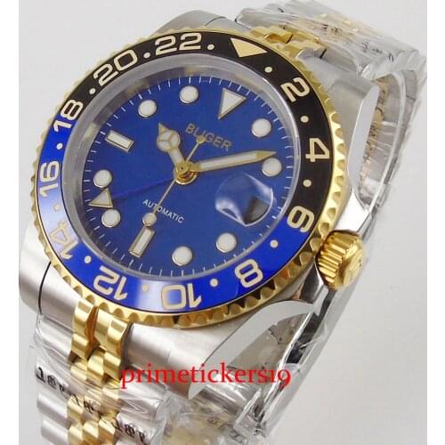BLIGER rotating gold plated bezel sapphire glass with cyclops lens blue dial super jubilee hand automatic watch men