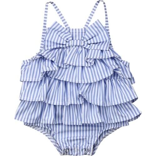 Focusnorm New Fashion Newbron Kids Baby Girls Ruffle Stripe Bow Outfits Summer Bow Romper Cotton Outfits