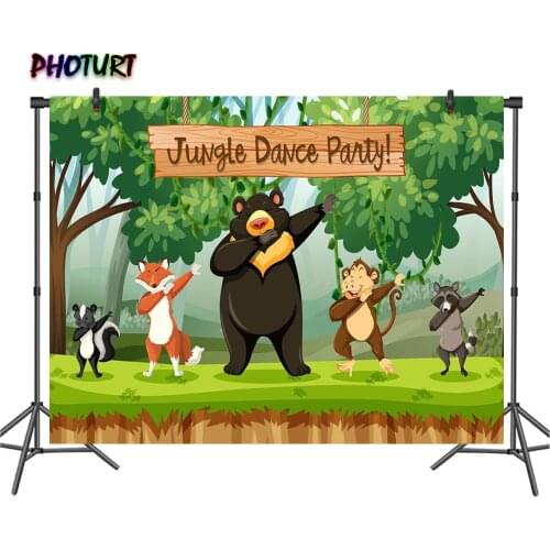 PHOTURT Jungle Dance Party Backdrop Kids Birthday Supply Background Bear Fox Monkey Polyester Vinyl Photography Banner Props