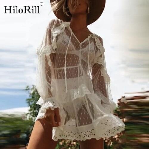 HiloRill Sexy Transparent White Lace Dress Women Summer V Neck Ruffles Mini Dress Butterfly Sleeve Bow Tie Beach Party Dresses