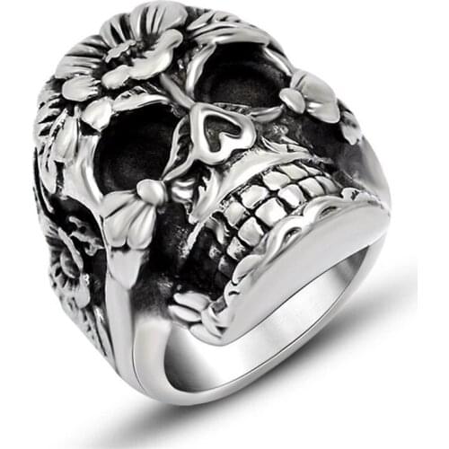 Classic Men Ring Skull Embossed Flower Rings Skeleton Punk Rock Retro Biker Vintage Ring For Men Christmas Party Gift