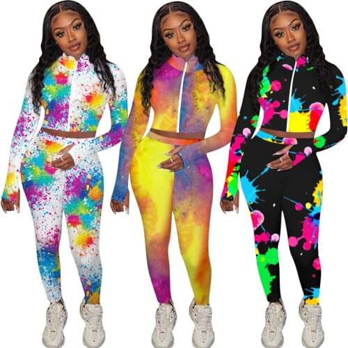Echoine Womens Printed Two-Piece Set Zipper Set Finger Gymnastic Long Pencil Pants Jogging Tracksuit Fitness Female Casual Suit