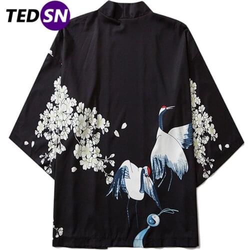 Aelfric Eden 2020 Summer Crane Japanese Kimono Jacket Men Oversize Hip Hop Loose Japan Streetwear Front Open Coat Harajuku Black