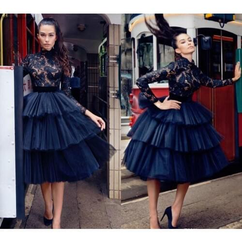 Little Black Lace Gothic Short Cocktail Dress High Neck Long Sleeves Holiday Club Homecoming Party Dress Plus Size