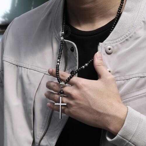 Cross Crucifix Pendant Necklace for Men Boy Stainless Steel Lava Stone Black Wooden Bead Long Necklace 28inch Male Jewelry DN165