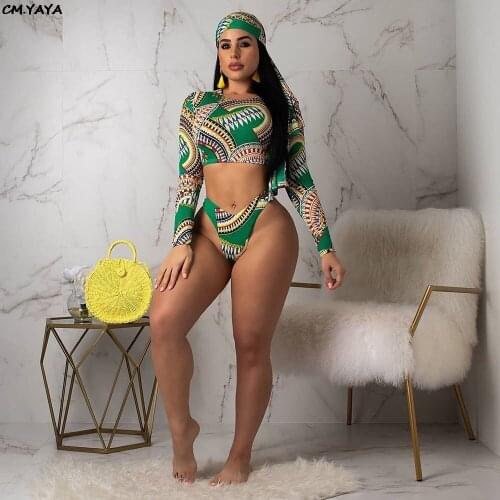 2019 new women Indie folk vintage print long sleeve top panties suits with head scarf beach outfit bodysuit B9155