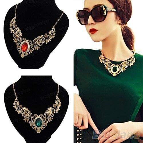 New Luxury New Womens Lady Crystal Hollow Out Flower Pattern Choker Bib Necklace Red Green Hot Selling 1NUH 6ORV