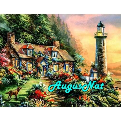 5d full square diamond painting lighthouse diamant embroidery scenery cottage mosaic puzzle picture oil paint by number big size