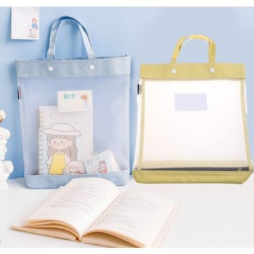 Portable Transparent Nylon Mesh School Tote Document File Holder Student Subject Classification Snap Storage Bag