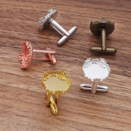 100pcs into 15mm crown tray round bezel blank cufflink settings cabochon base French cufflinks shirt accessories