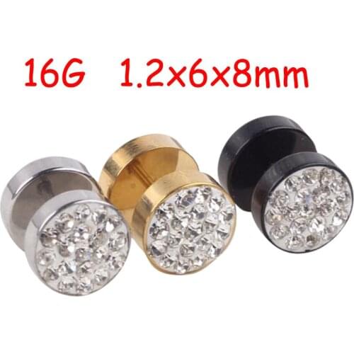 SaYao 2Piece Full Crystal Round Barbell Stainless Steel Studs Fake Ear Plug Men punk Gold rock Earrings Cosplay Stud Earring