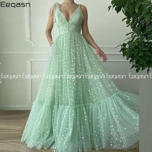 Mint Green Hearty Tulle A-Line Evening Dresses Spaghetti Straps Pleated Formal Party Dress with Pockets Open Back Prom Gown Long