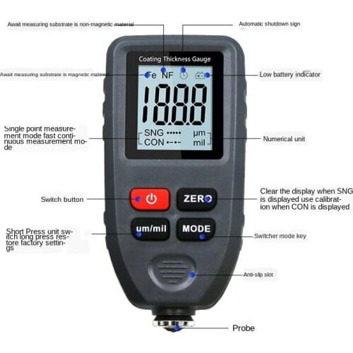 TC100 Coating Thickness Gauge 0.1micron/0-1300 Car Paint Film Thickness Tester Measuring FE/NFE Russian Manual Paint Tool