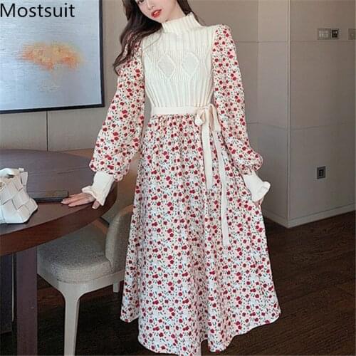 Knitted Patchwork Printed Women Long Dress Korean Elegant Party Dresses Stand Collar Full Sleeve Belted Vestidos Femme 2021