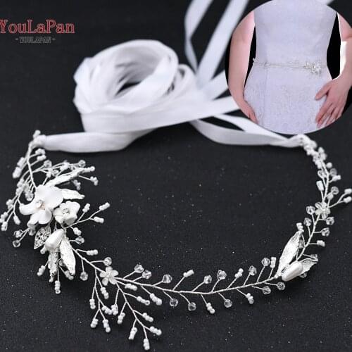 YouLaPan SH344 Stunning Bridal Belt Crystal Wedding Bridal Belts and Sashes with Ribbon for Bridal Gown Dress Belt Flower Belt