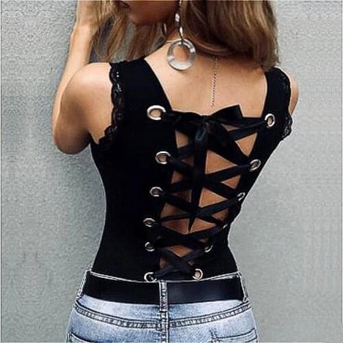 2020 New Casual Blouse Shirts Women Summer Sleeveless Slim Fit Tops Ladies Solid Lace U-neck Backless Bandage Shirt Female