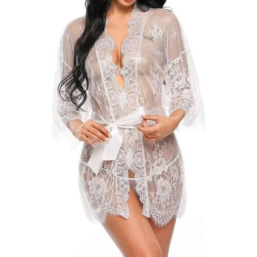 Women Erotic Lace Sleepwear Babydoll Porno Sexy Lingerie transparent V-Neck Nightwear Robes G-string Sex Set Costume