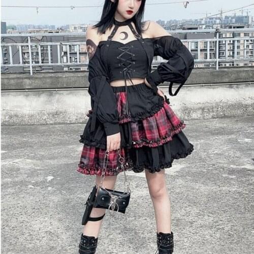 Womens Skirt Black Plaid Mall Goth Pleated Mini Skirt Woman Gothic Lolita Punk Harajuku Egirl Fairy Grunge Patchwork Alt Clothe