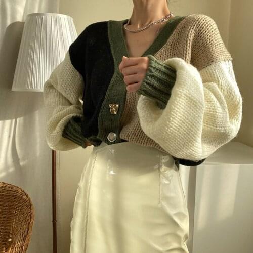 QOERLIN Chic Contrast Color Sweater Women Fall Winter Loose Lantern Sleeve Short Cardigan V Neck Oversize Sweater Knitted Jacket