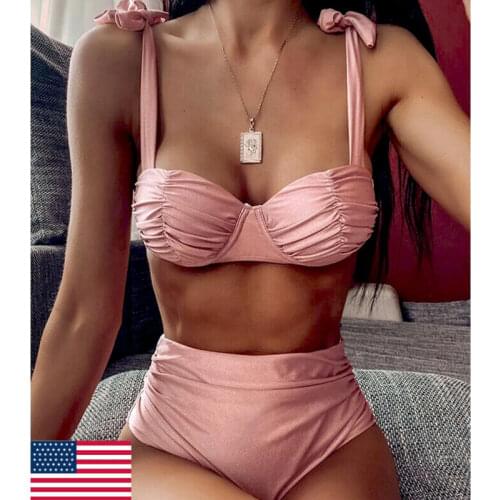 Womens Sexy Bikini Set High Waist Solid Bandage Swimsuit Padded Push-up Bra Beachwear Bathing Suit Two-Piece Womens Swimwear