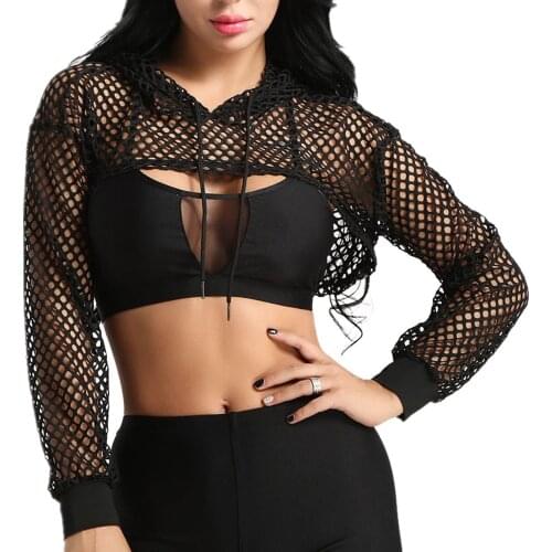 Womens Sexy Mesh Fishnet Hollow Out Long Sleeve Crop Top Hooded Shirts