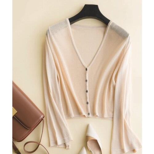 Oversized Knitted Cardigan Women Summer Thin Ice Silk Flare Sleeve Coat V Neck Plus Size Hallow Out Sunscreen Short Cardigans