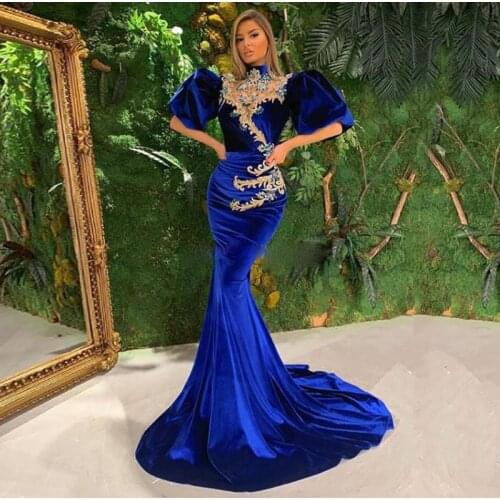 Royal Blue Velvet Prom Dresses High Neck Puffy Sleeves Mermaid Evening Dress Long Appluques Beaded African Pageant Dress Custom