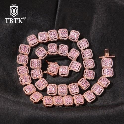 TBTK 13mm Iced Out Square Baguette Pink CZ Bracelet Necklace Brass Link Chain Fashion Charm Choker Necklace Hiphop Jewelry