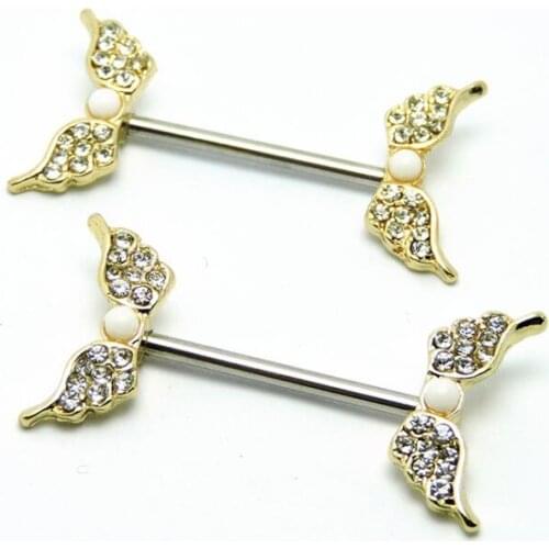 New Year Hot 2Pcs Opal Dangle Nipple Piercing 16G Gold Wings Nipple Piercings Dangle Body Jewelry Nipple Pirsing Christmas Gift